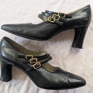 Ferra Giacomo Italian Leather Black Heels Wedding Guest Triple Buckle